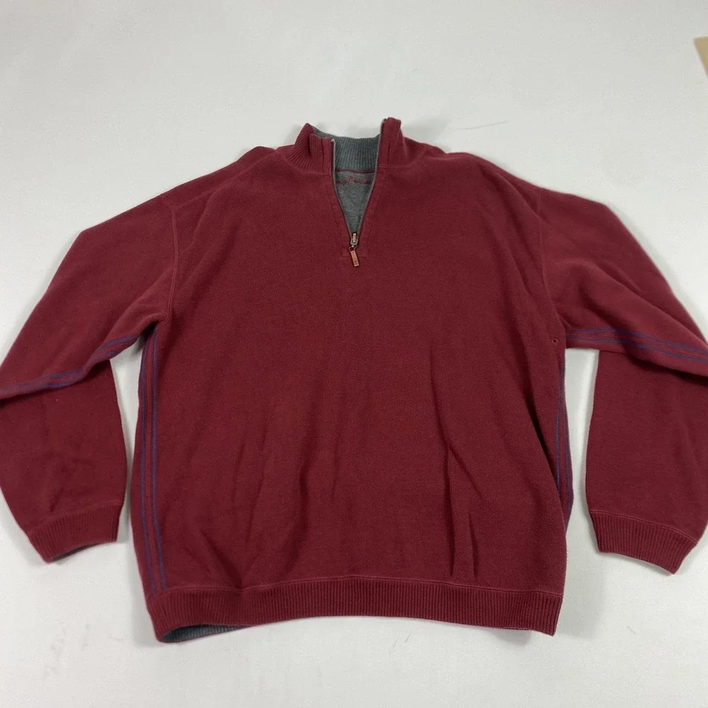 Tommy Bahama Sweater Mens Burgundy Red Grey 1/4 Zip Pullover Reversible